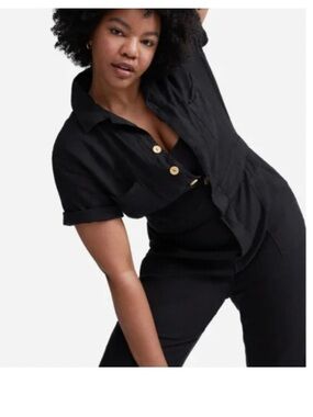 Mate The Label Black 100% Linen Short sleeve  Utility Jumpsuit XS